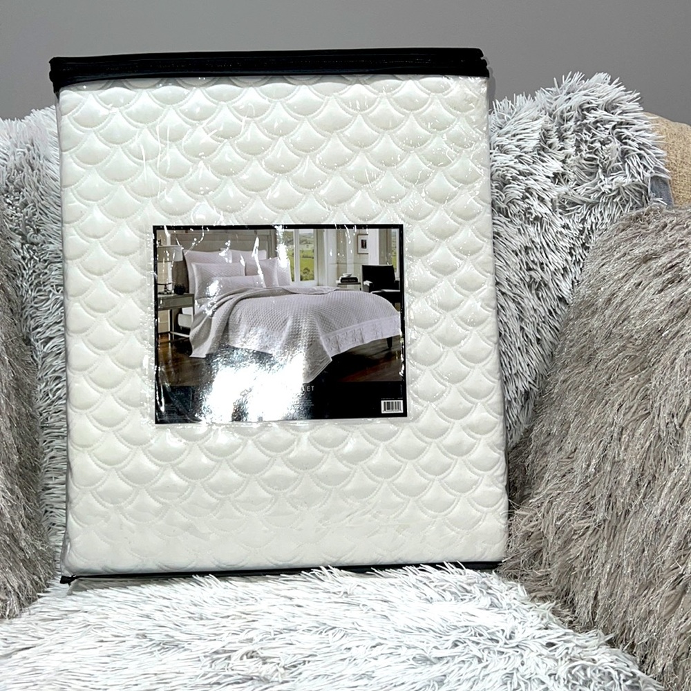 Five queen Court Zarah Satin Damask Embroidered Coverlet King white.